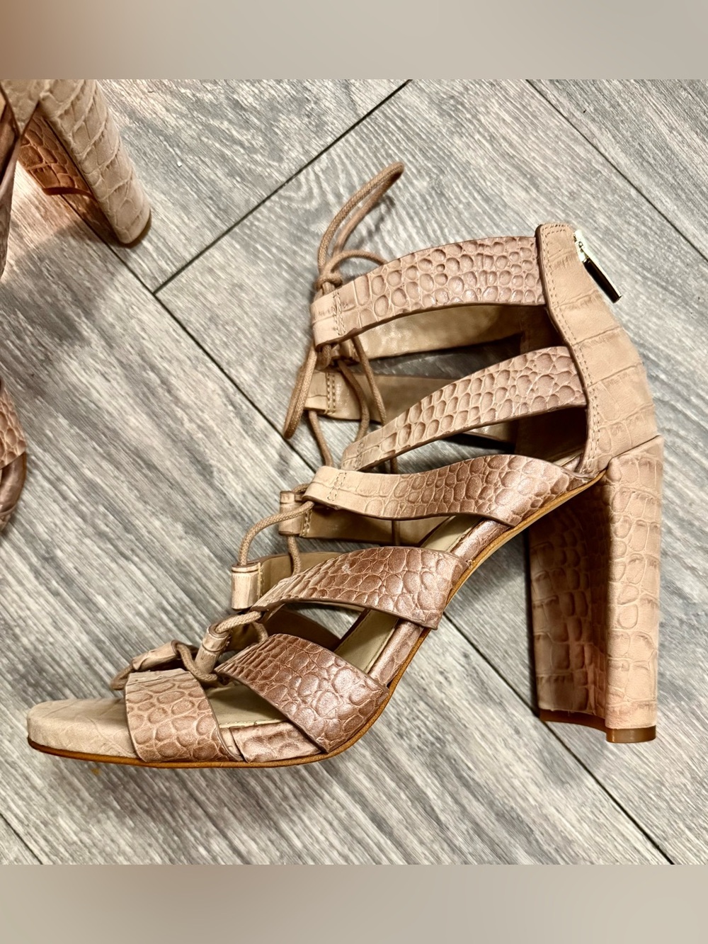 Vince Camuto Blush Croc-Embossed Lace-Up Block Heel Sandals 1st photo true color